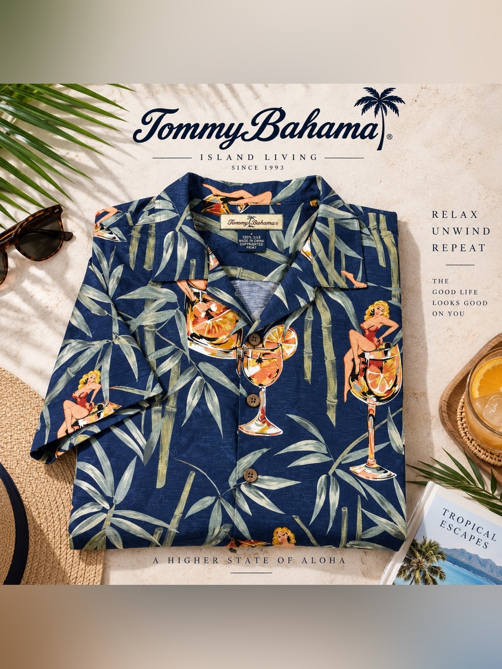 Tommy Bahama 100% Silk Hawaiian Shirt Men’s L Pin Up Girls Cocktails Bamboo
